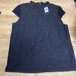 Tommy Hilfiger Black Lace Size Large Shirt Blouse Short Sleeve Women's